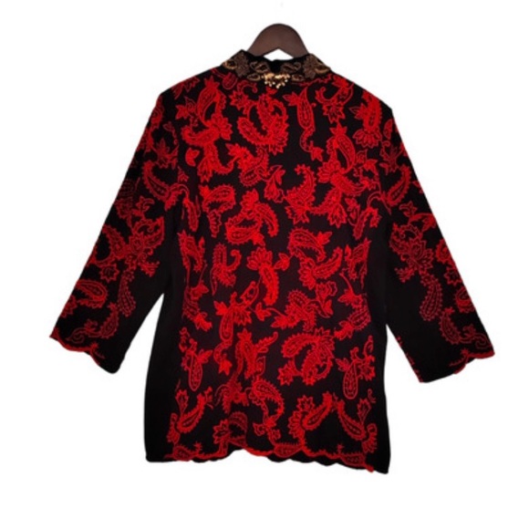 Chico's 2 Floral Paisley Embroidered Jacket Red & Black Embellished Jacket - Picture 2 of 9